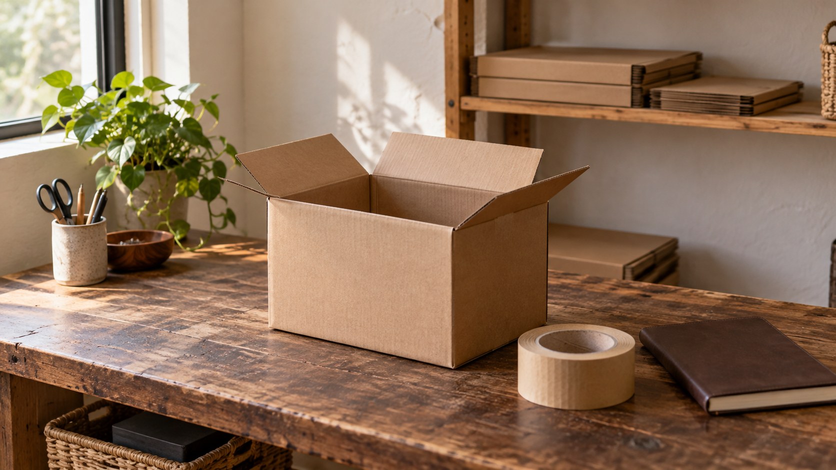 An open cardboard box, paper packing tape and a closed notebook on a small packing bench.