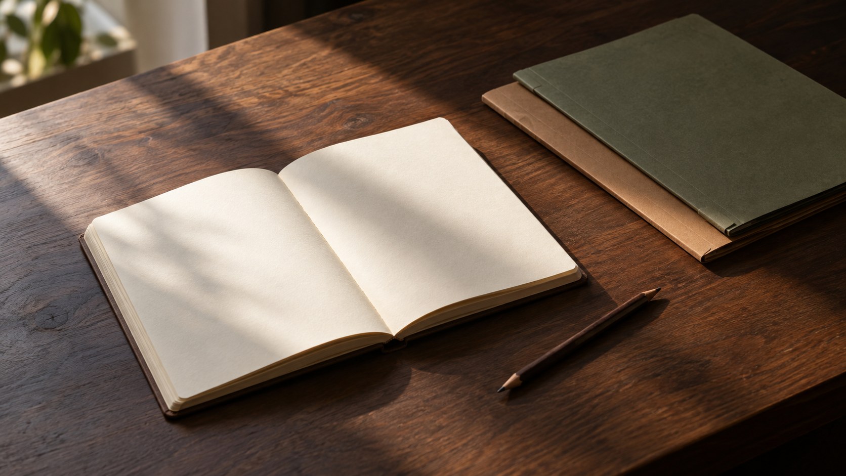Open blank notebook and two folders on a wooden desk in window light.