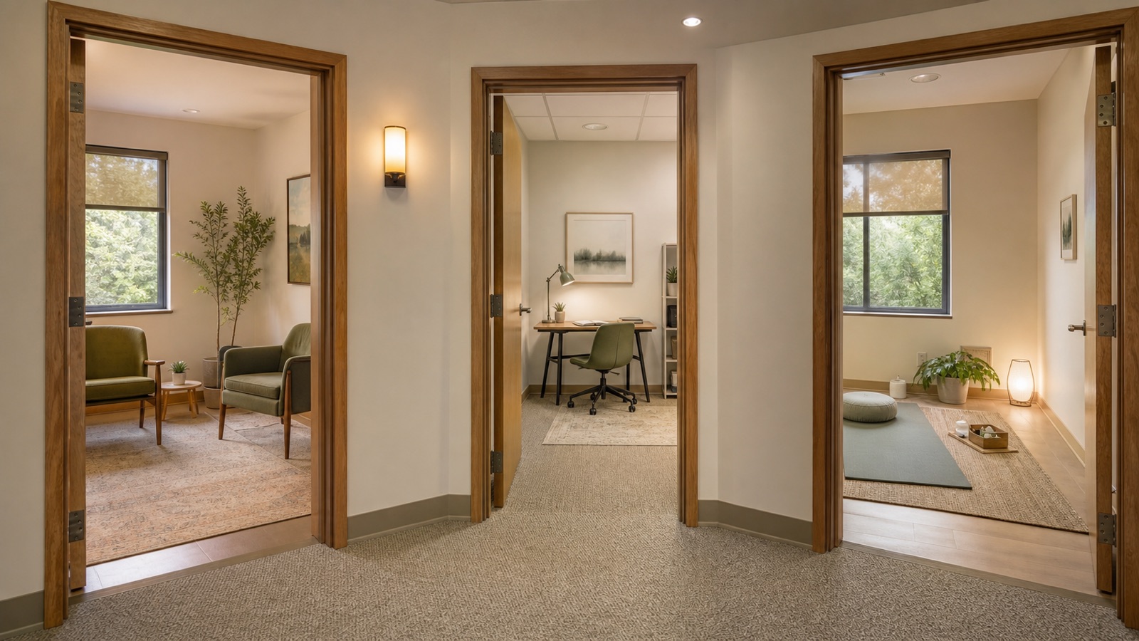 Three open doorways leading to different calm therapy rooms from one hallway