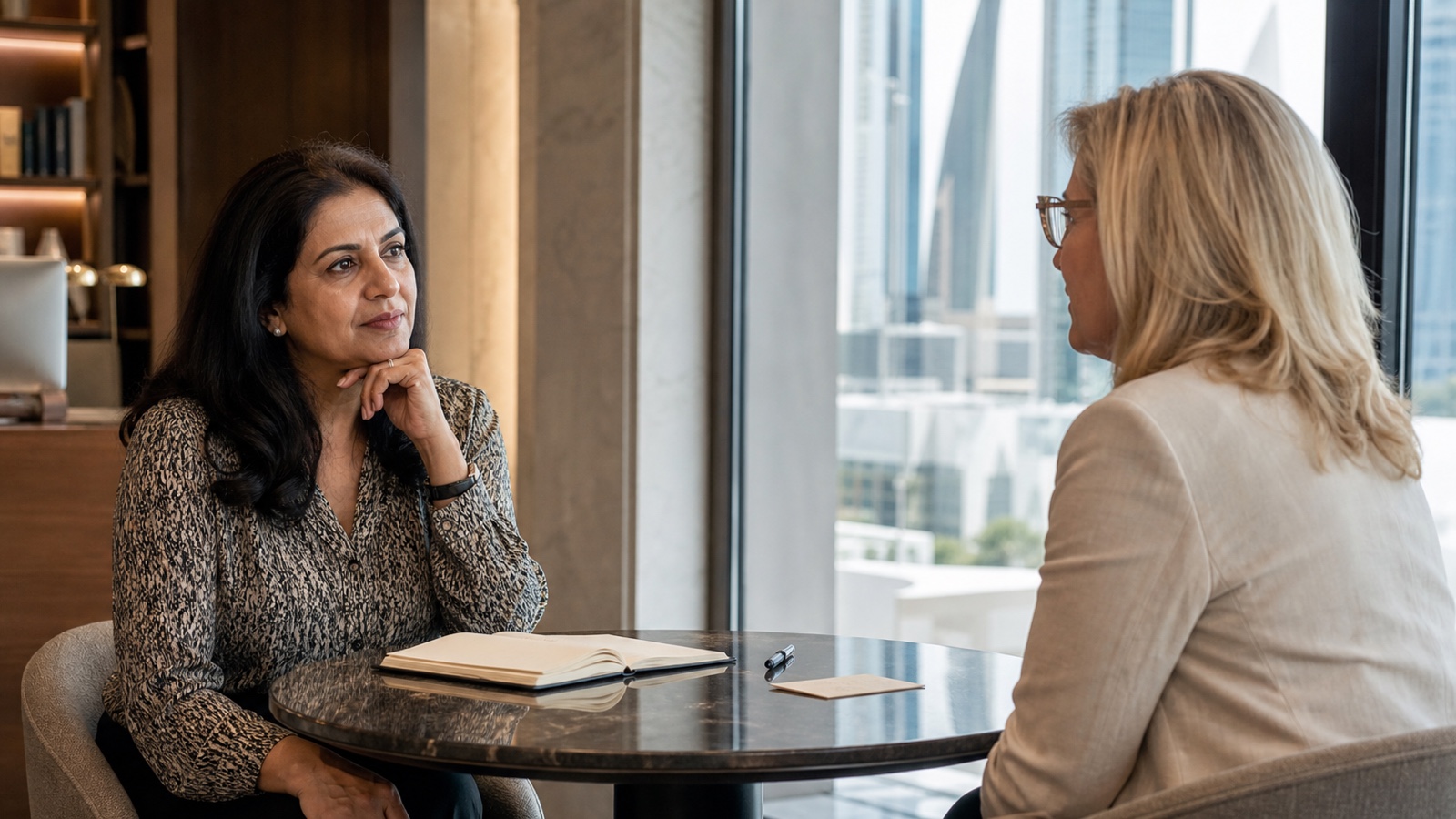Two women hold a focused leadership coaching conversation in a modern office