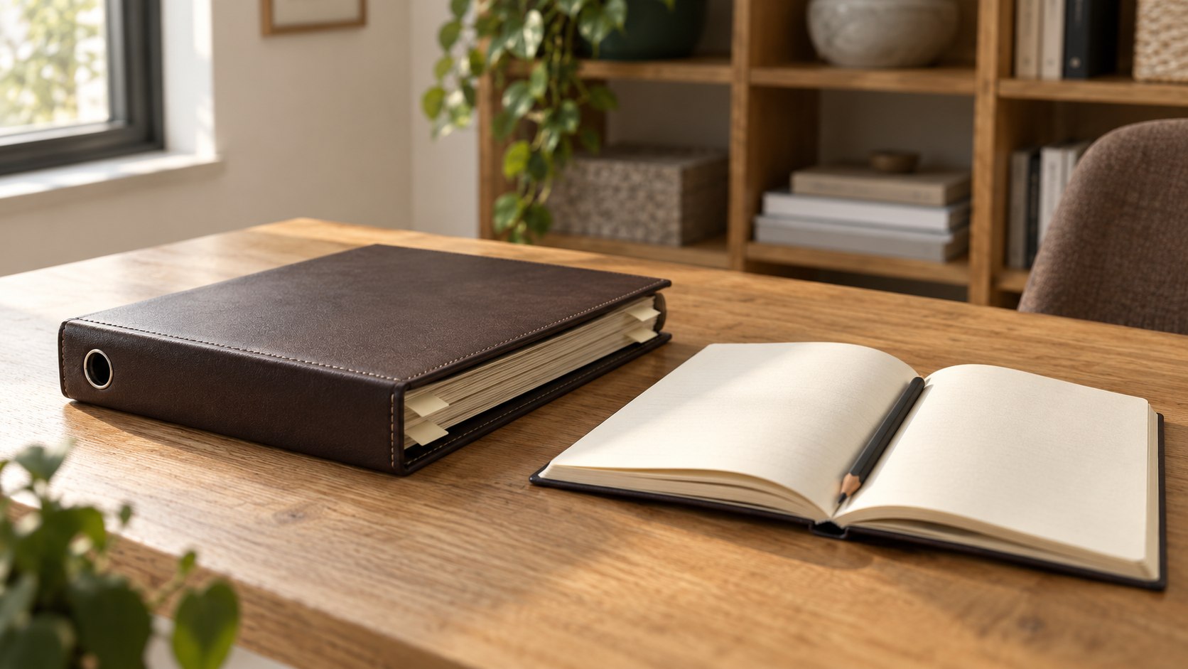 A closed tabbed binder beside an open blank notebook and pencil on a wooden desk.