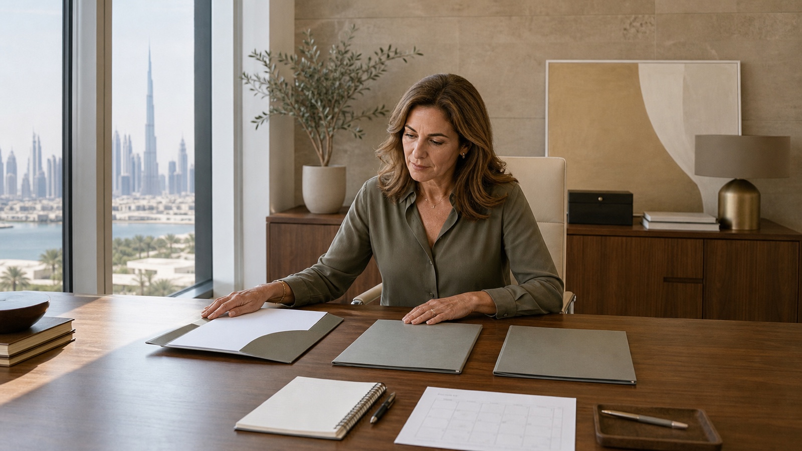 A woman founder compares three coaching proposals at her office desk