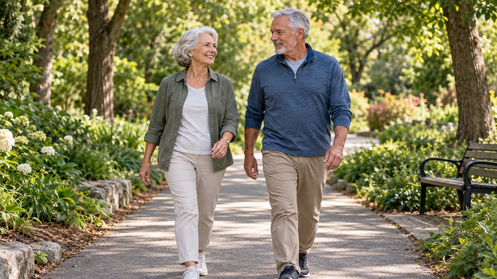 An older woman and man walking together on a park path.