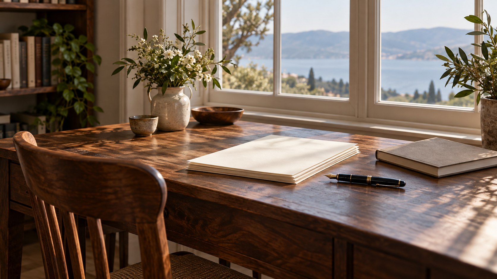 Blank manuscript pages, a notebook and fountain pen on a wooden desk beside a sunlit window.